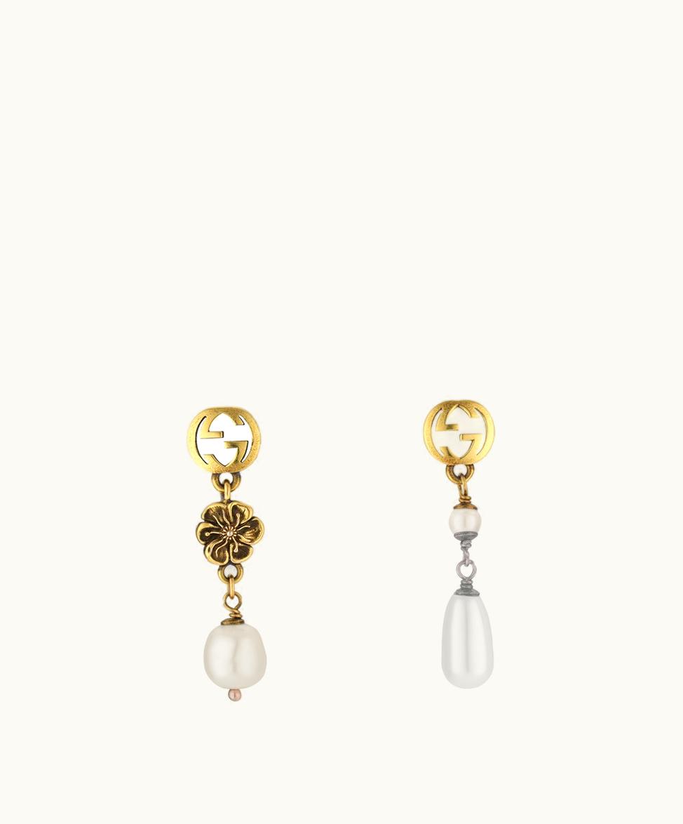 Gucci Gucci Interlocking G Flower Pearl Earrings Gold Metal