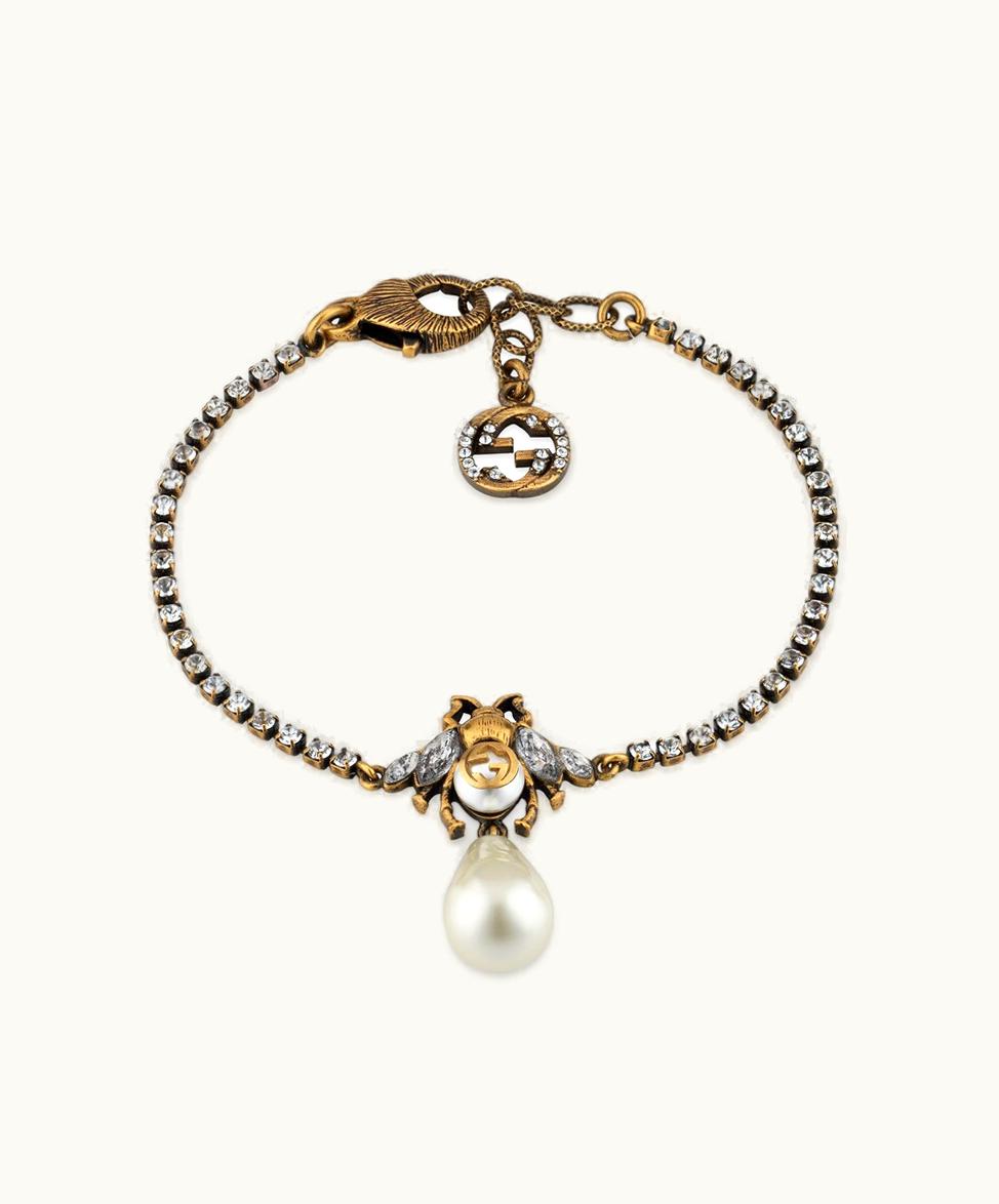 Gucci Gucci Bee Bracelet With Pearl Aged Gold Metal