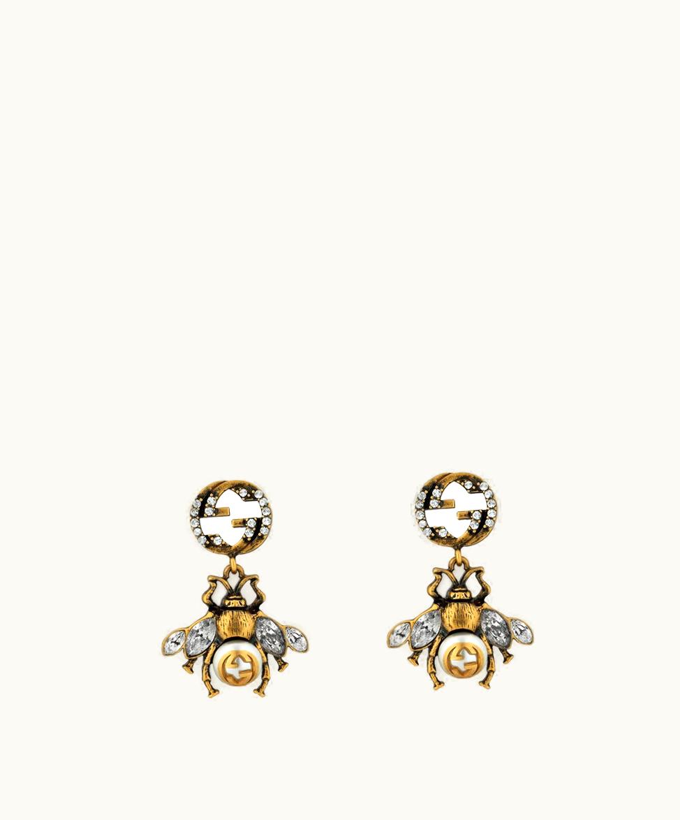 Gucci Gucci Bee Earrings With Interlocking G Aged Gold Metal
