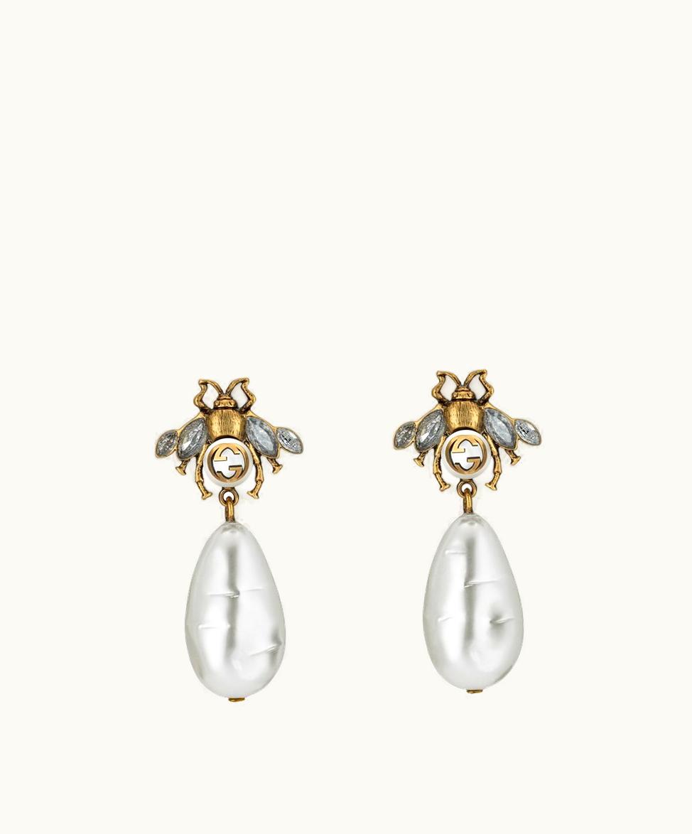 Gucci Gucci Bee Earrings With Drop Pearls Aged Gold Finish