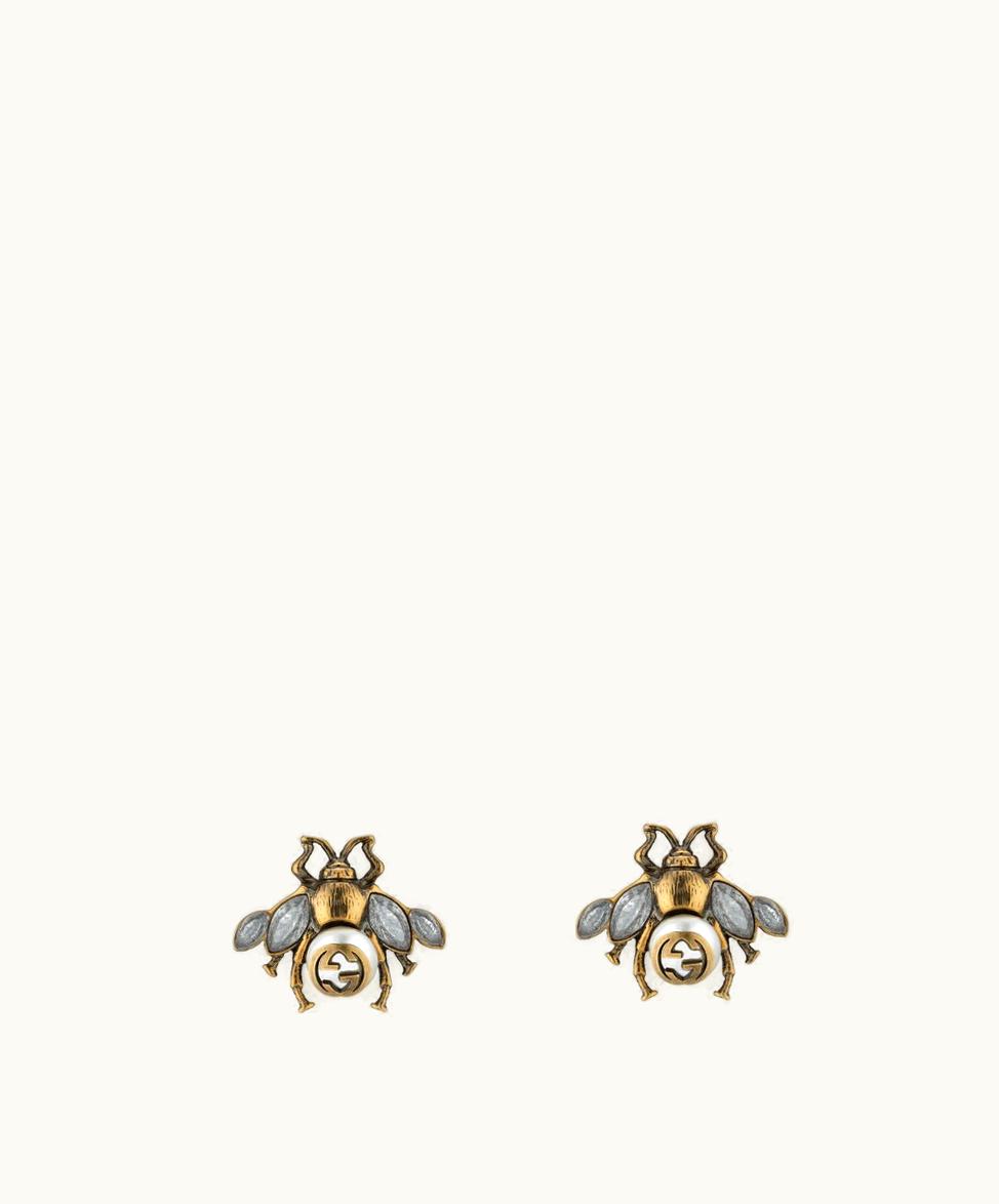 Gucci Gucci Bee Earrings With Crystals Aged Gold Finish