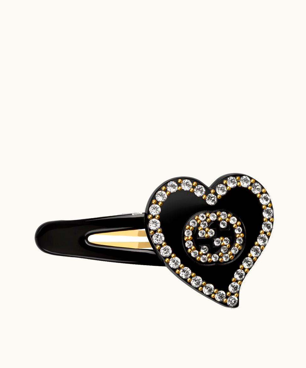 Gucci Gucci Interlocking G Crystal Heart Hair Clip Black Resin