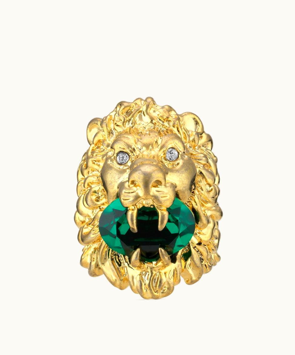 Gucci Gucci Lion Head Crystal Ring Green Emerald Gold-Toned Metal