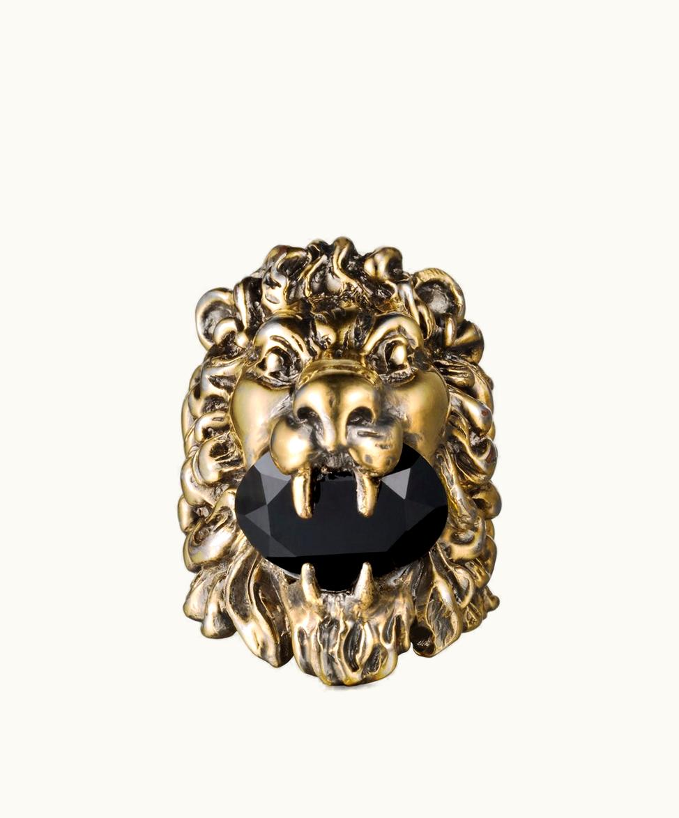 Gucci Gucci Lion Head Ring With Vintage Gold Finish Black Crystal