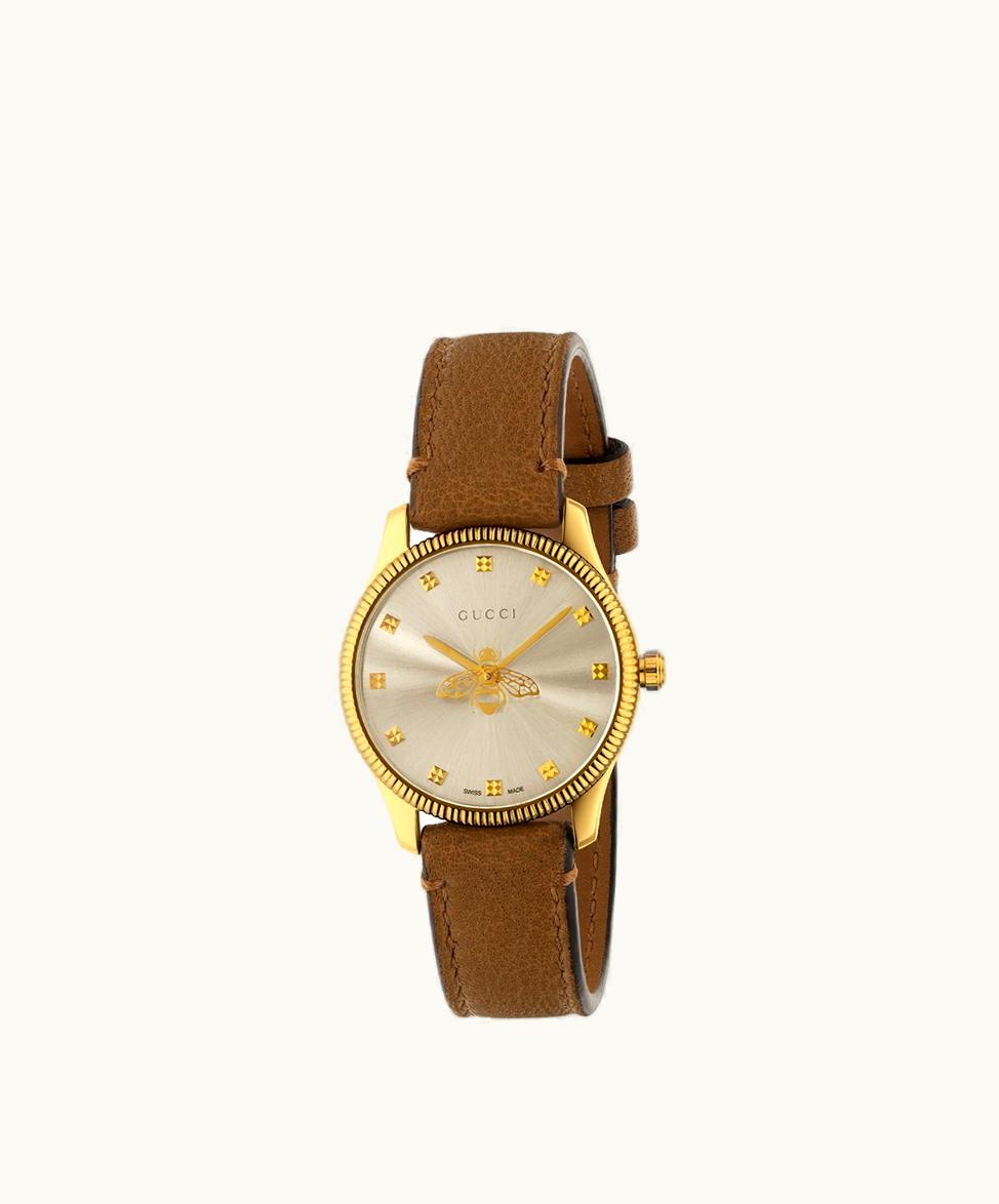 Gucci Gucci G-Timeless Watch, 29mm Taupe Lambskin And Yellow Gold Pvd