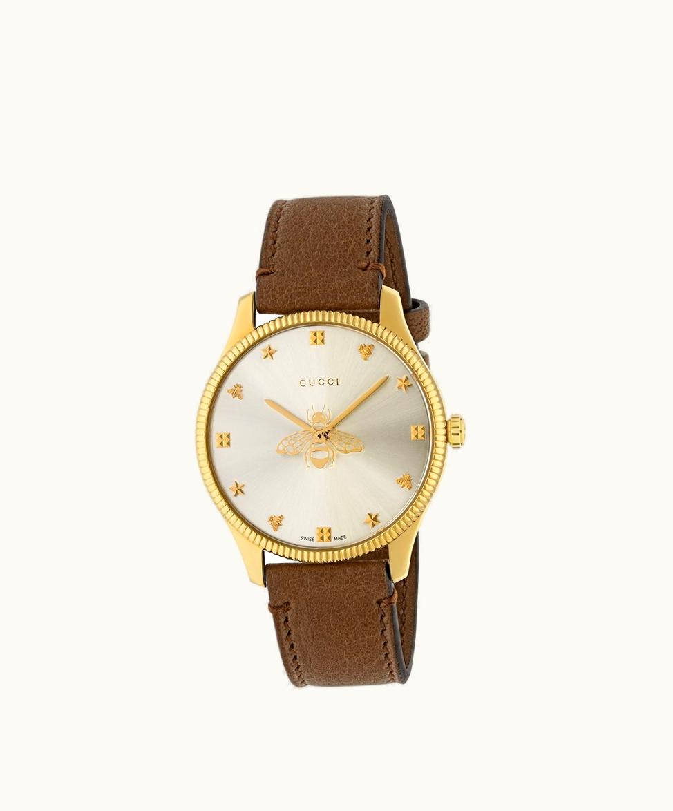 Gucci Gucci G-Timeless Watch With Bee, 36 MM Brown Lambskin