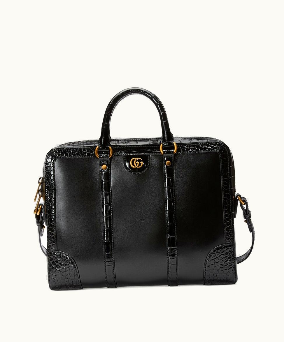 Gucci Gucci Crocodile Trim Briefcase With Double G Black