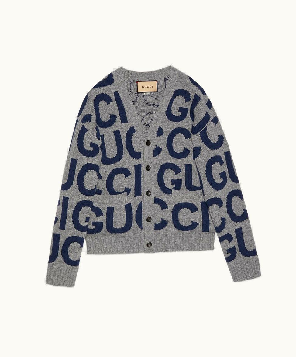 Gucci Wool Cardigan With Gucci Intarsia Grey And Blue
