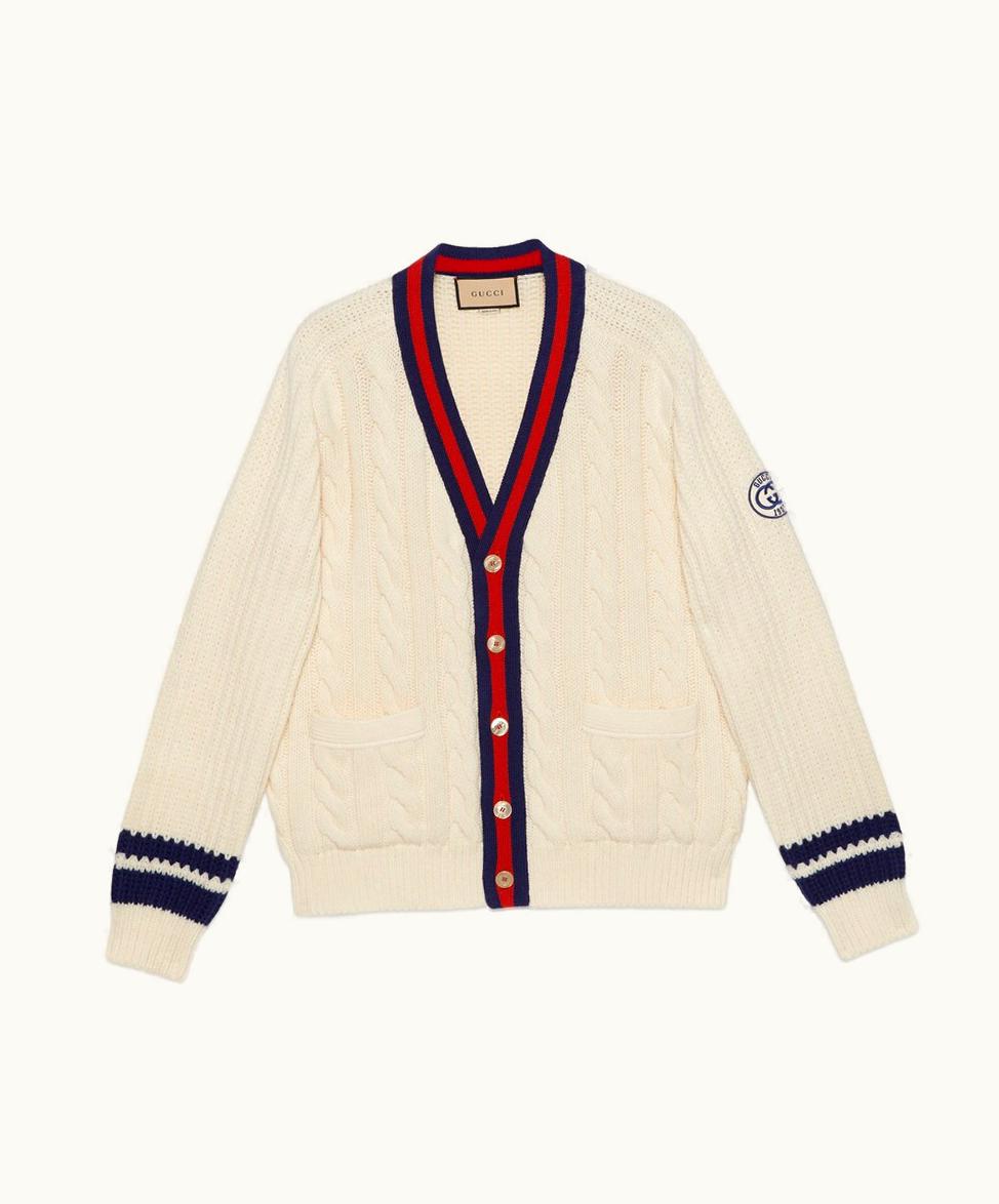 Gucci Gucci Cable Wool Knit Cardigan With Web Ivory