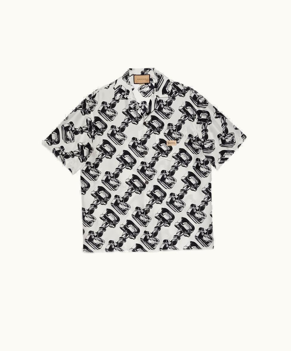 Gucci Gucci 3D Glass Horsebit Print Silk Shirt Ivory And Grey