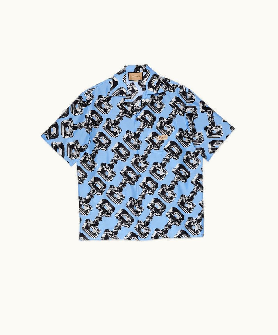 Gucci Gucci 3D Glass Horsebit Print Silk Shirt Light Blue And Grey