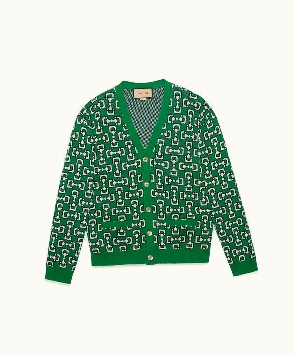 Gucci Gucci Horsebit Cotton Piquet Cardigan Green And Ivory