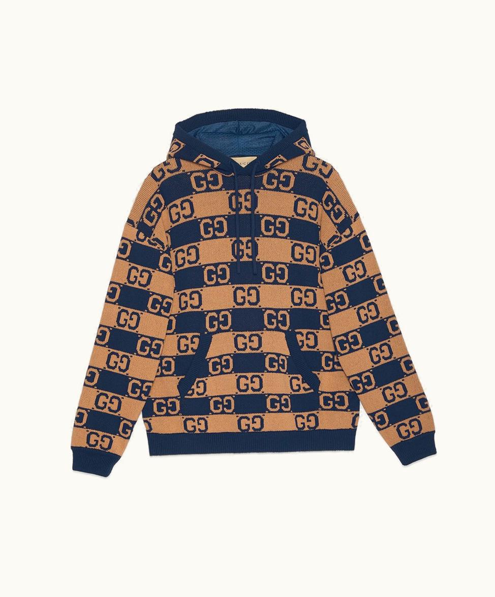 Gucci Gucci GG Cotton Jacquard Hooded Jumper Beige And Dark Blue