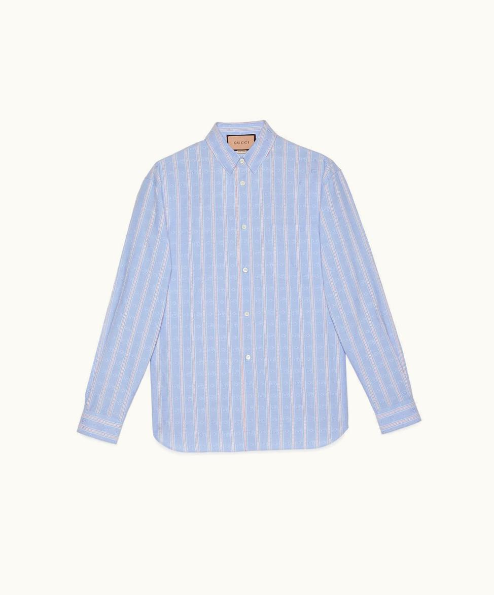 Gucci Gucci Striped Double G Cotton Shirt Light Blue And White