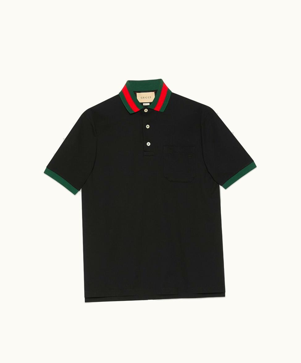 Gucci Gucci Cotton Piquet Polo With Web Collar Black