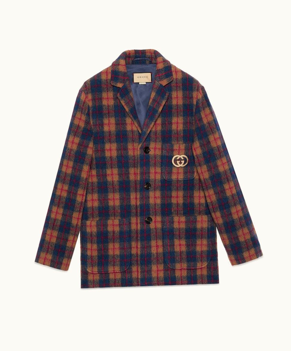 Gucci Gucci Check Wool Jacket With Interlocking G Camel And Blue
