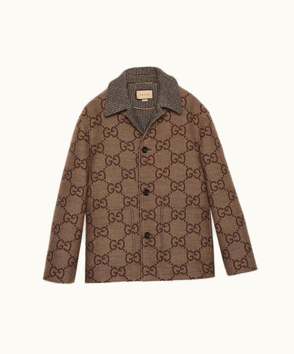 Gucci Gucci Maxi GG Wool Jacquard Coat Brown And Beige