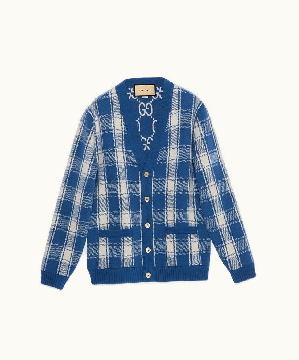 Gucci Gucci Reversible Checked Wool Cardigan Blue And Ivory