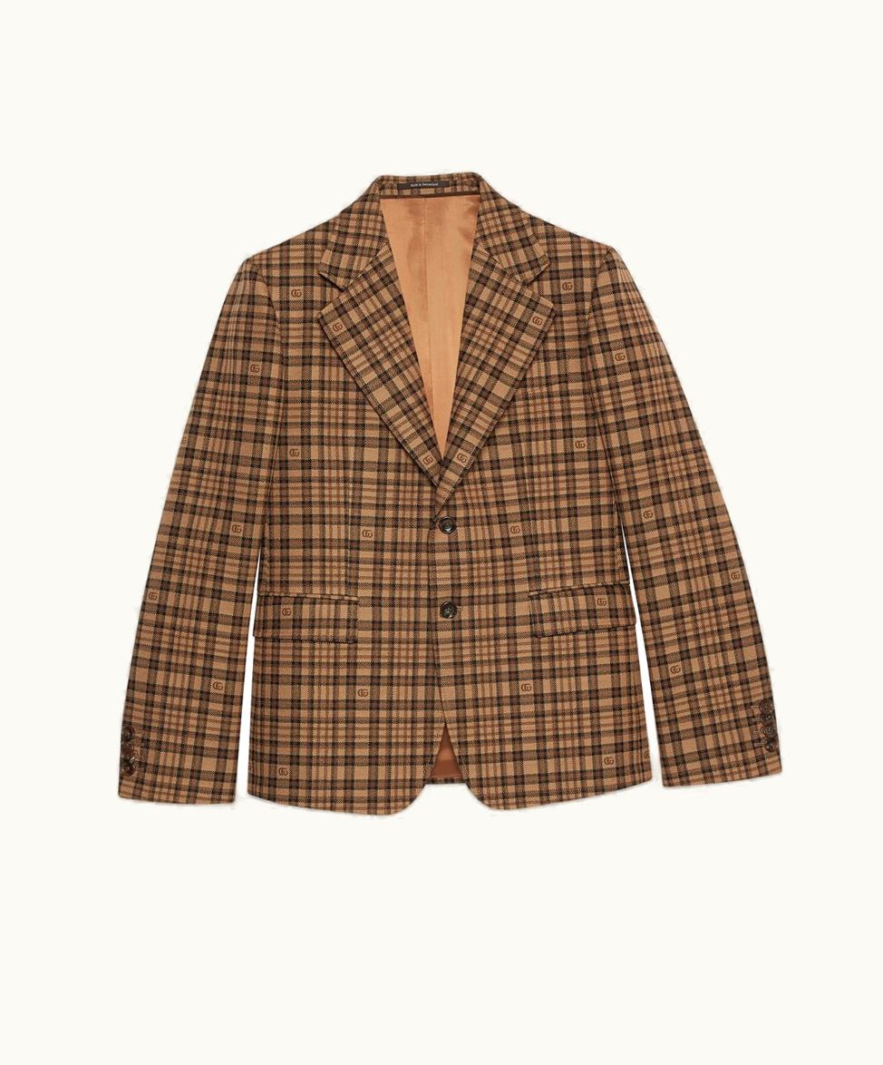Gucci Gucci Double G Check Wool Jacket Camel And Brown