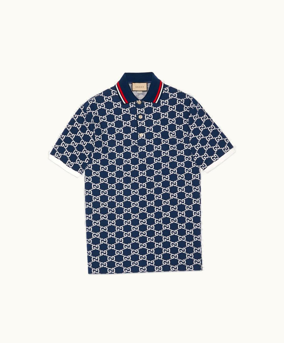 Gucci Gucci GG Cotton Jersey Jacquard Polo Shirt Blue And Ivory