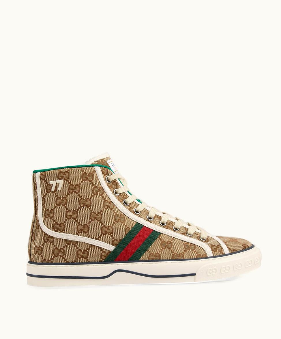 Gucci Men's Gucci Tennis 1977 High Top Trainer Beige And Ebony GG Canvas