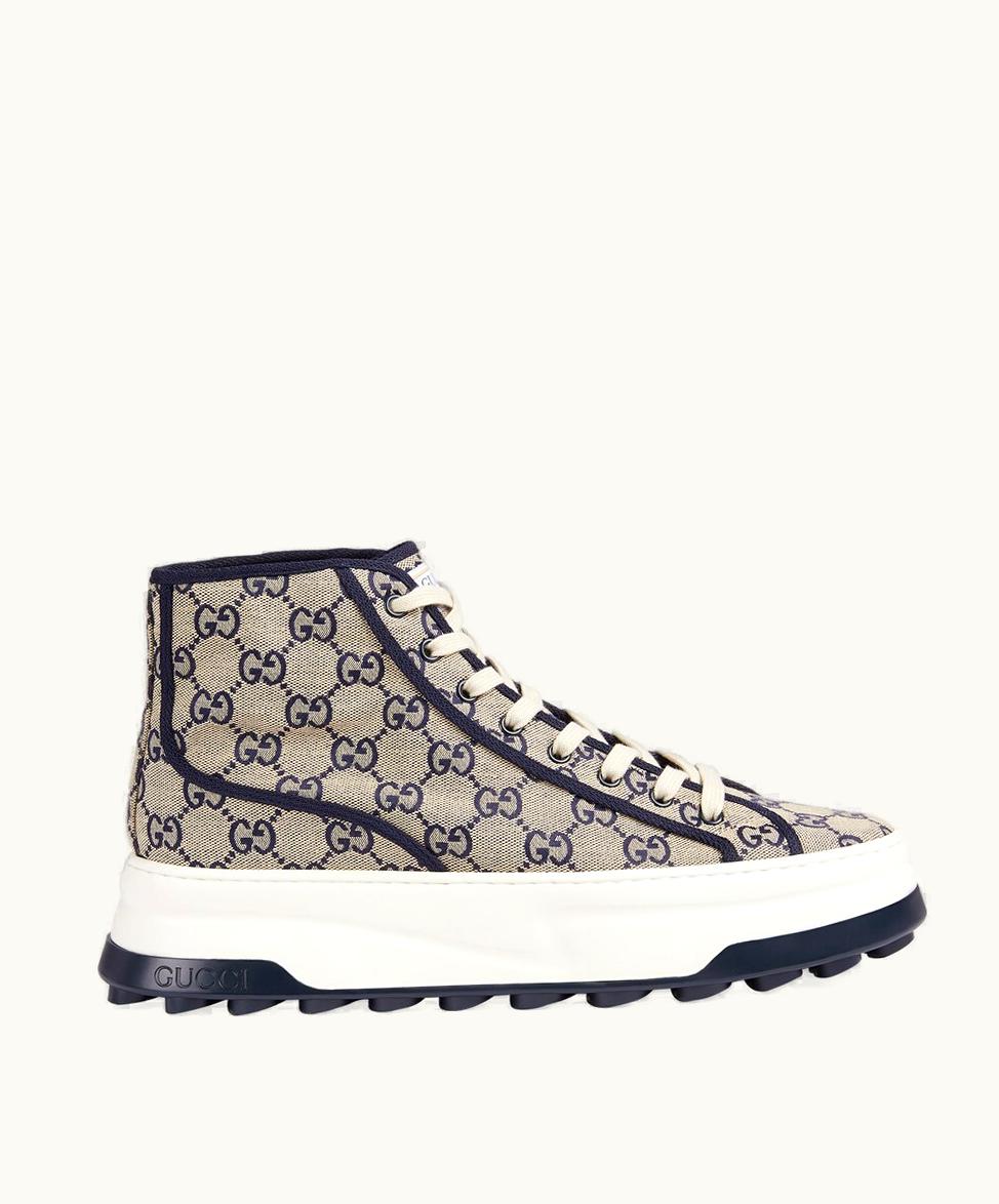 Gucci Gucci Men's GG High Top Trainer Beige And Blue GG Canvas