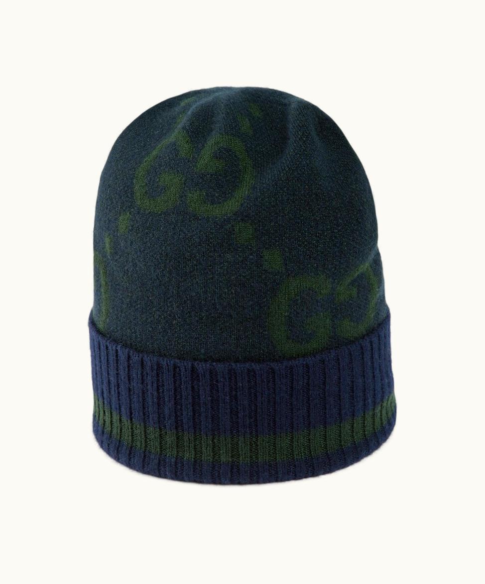 Gucci Gucci GG Cashmere Jacquard Hat Navy And Dark Green