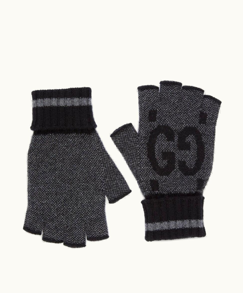 Gucci Gucci GG Cashmere Fingerless Gloves Grey And Black