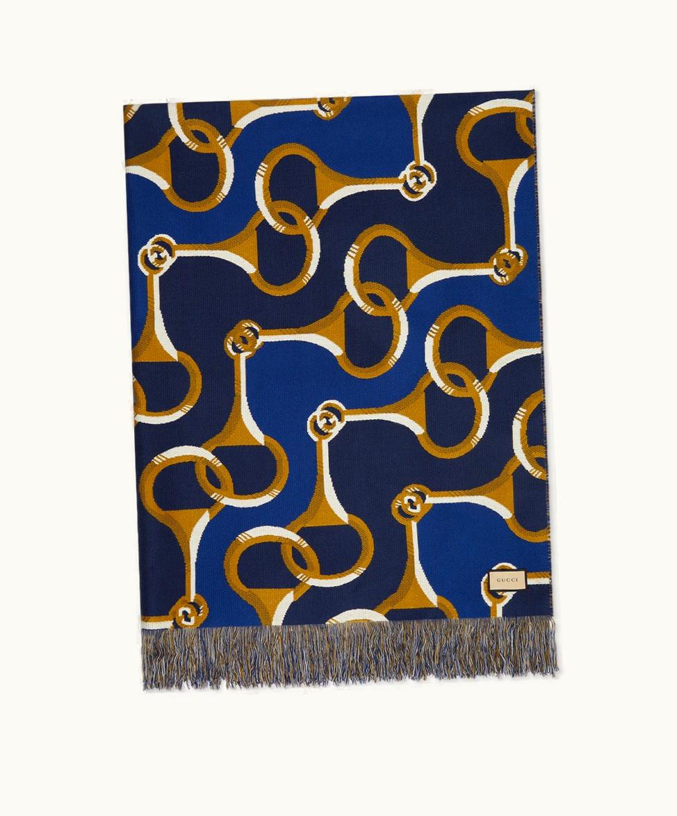 Gucci Gucci Interlocking G Horsebit Wool Blanket Dark Blue And Multicolour