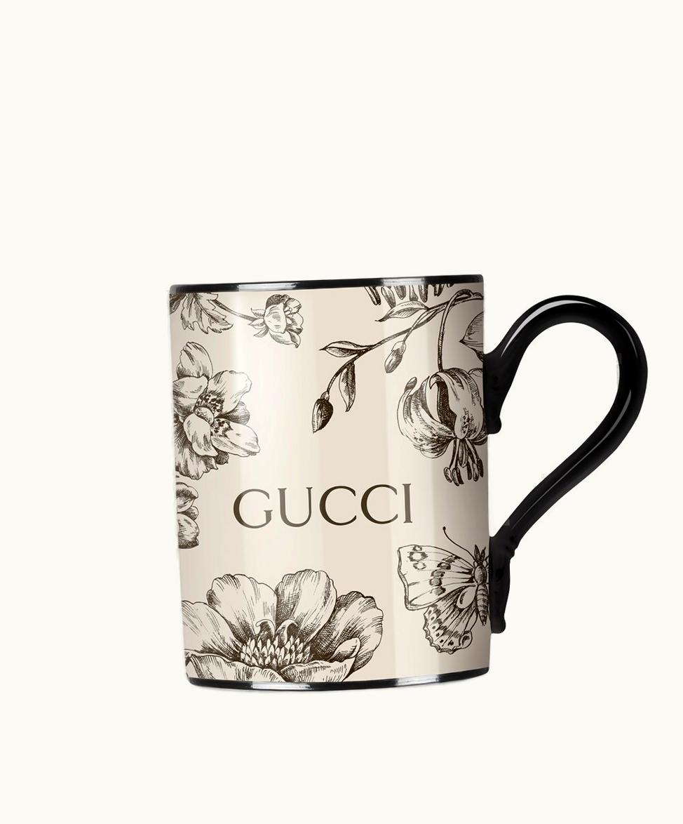 Gucci Gucci Flora Sketch Print Mug Ivory And Black Porcelain