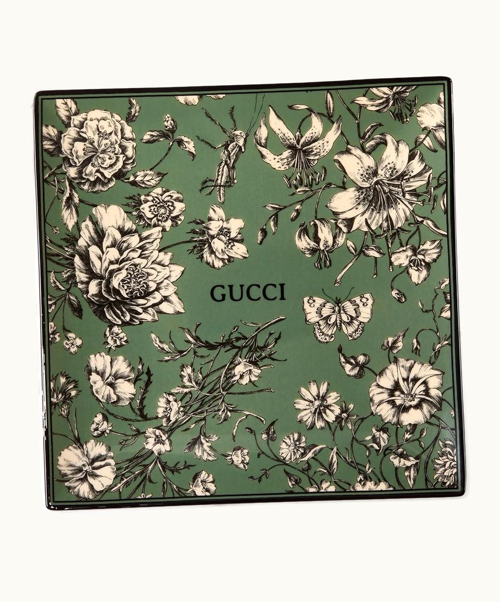 Gucci Gucci Flora Sketch Print Medium Trinket Tray Green And Ivory Porcelain