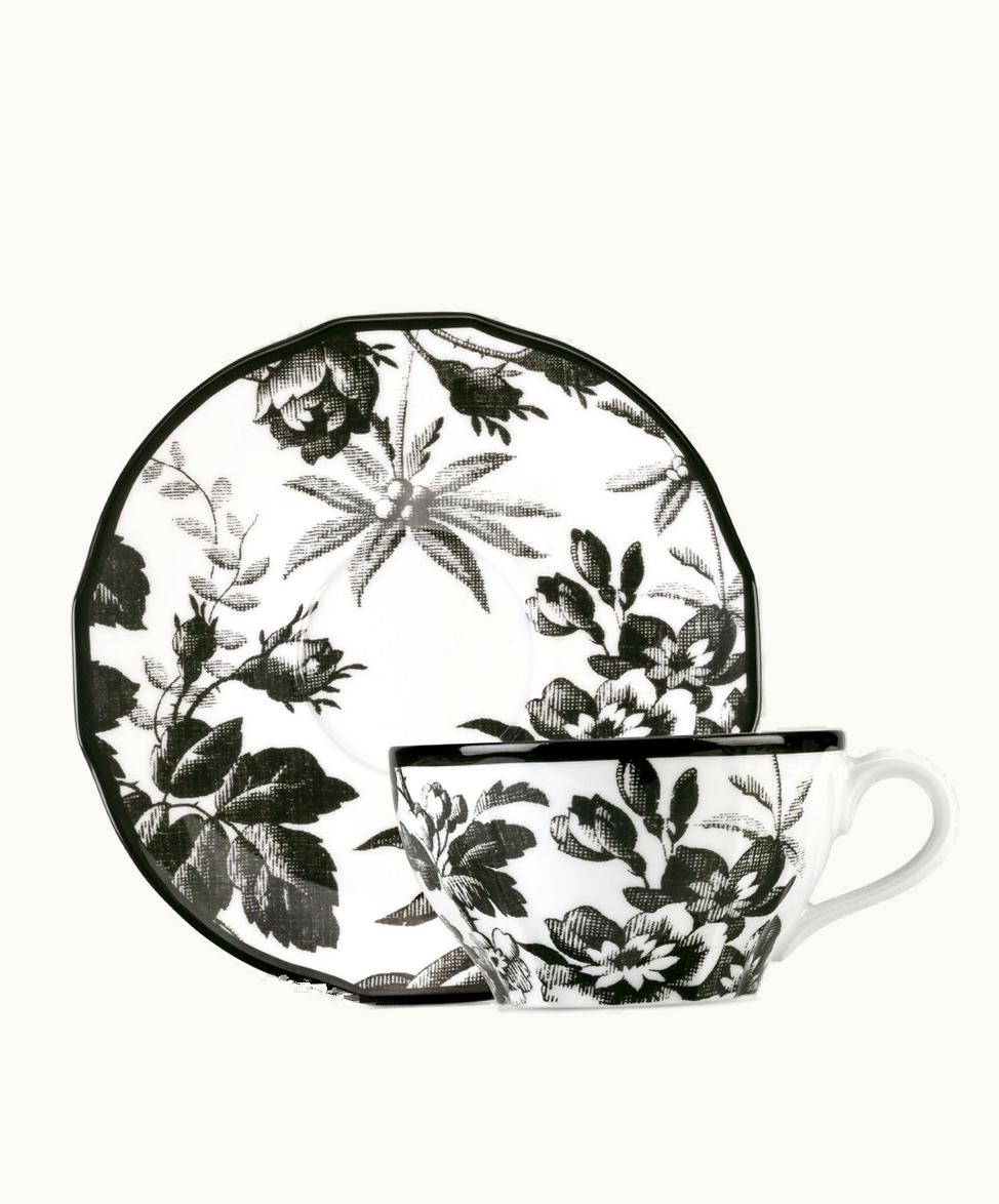 Gucci Gucci Herbarium Teacup And Saucer, Set Of Two Black And White Porcelain