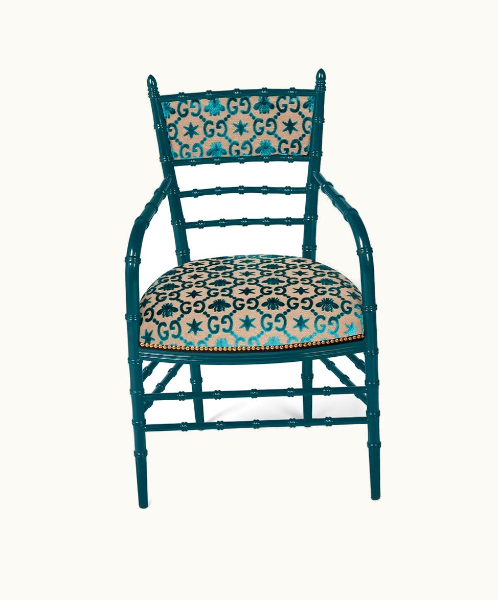 Gucci Gucci Chiavari GG Bees Chair With Arm Rest Turquoise And Beige GG Jacquard