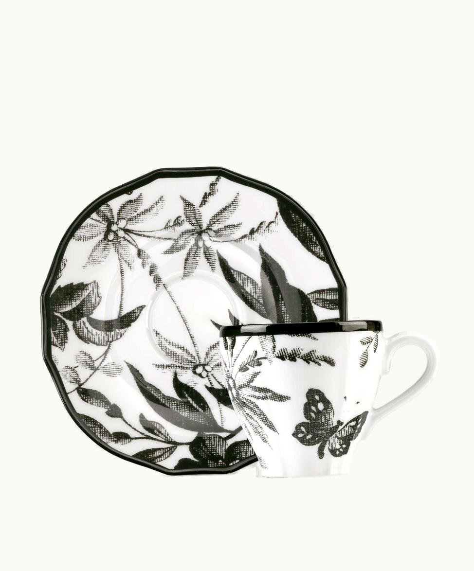 Gucci Gucci Herbarium Coffee Cup And Saucer, Set Of Two Black And White Porcelain