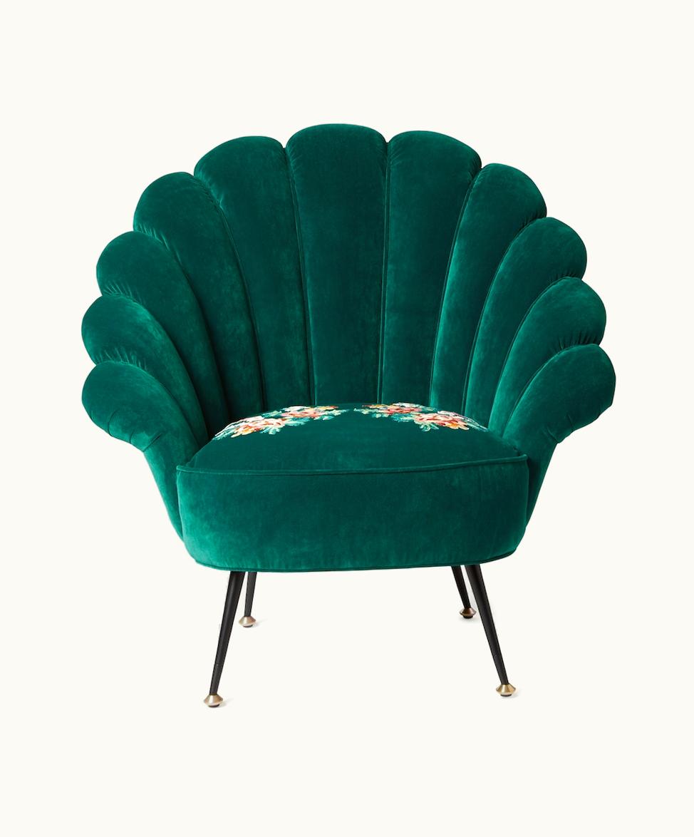 Gucci Gucci Seashell Green Velvet Armchair With Floral Embroidery