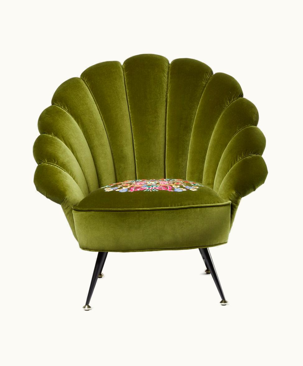 Gucci Gucci Seashell Velvet Armchair With Embroidered Flowers Emerald Green