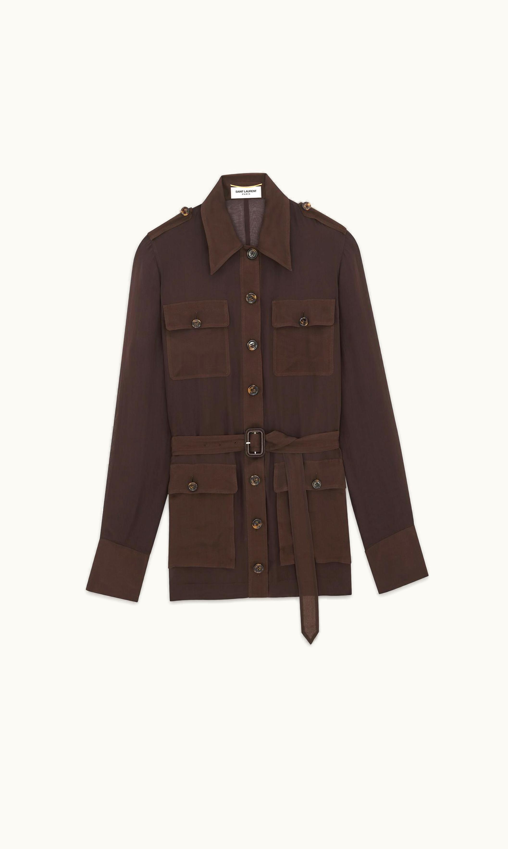 Saint Laurent Saint Laurent Saharienne Dress In Silk Muslin Chocolat