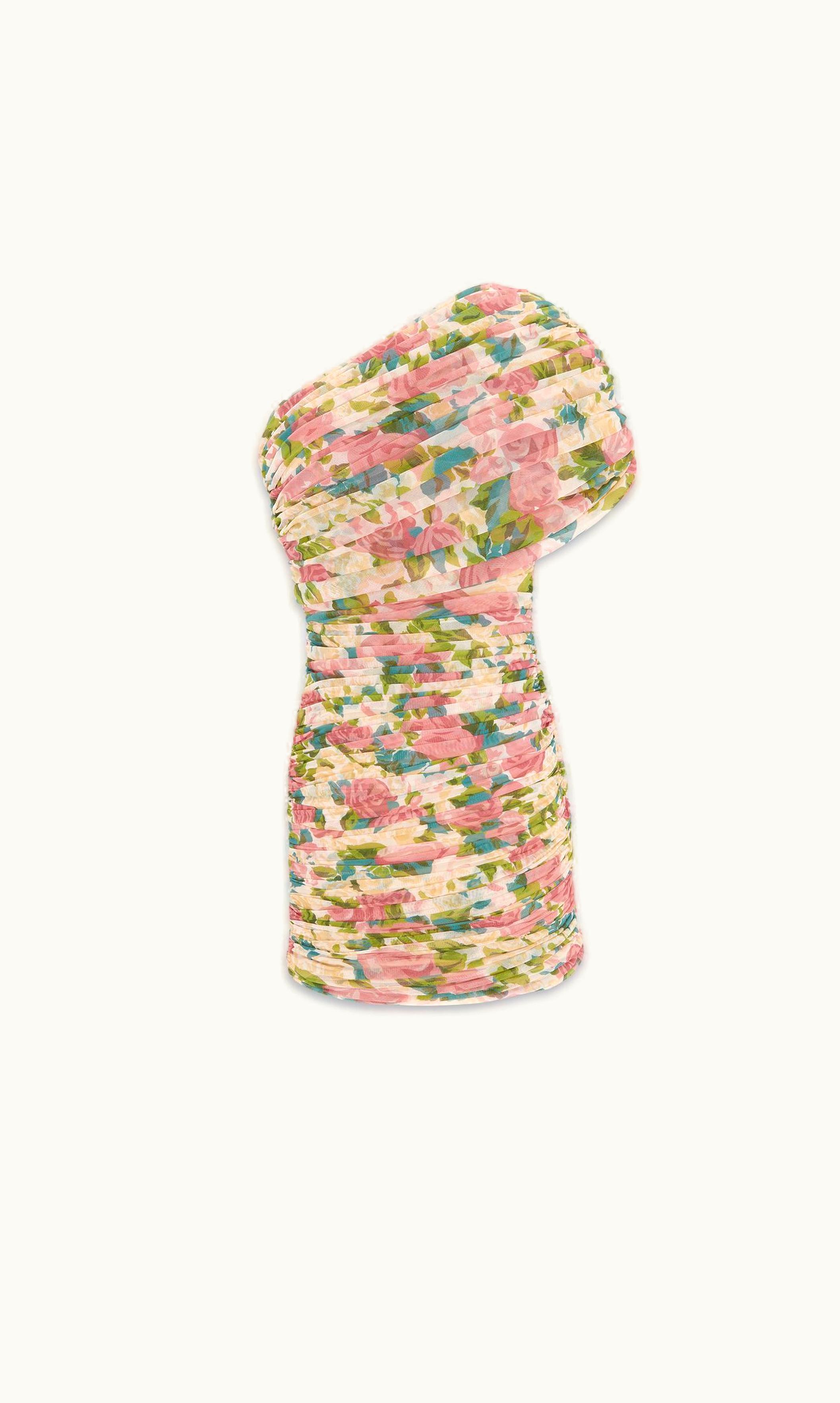 Saint Laurent Saint Laurent Ruched One-Shoulder Dress In Floral Tulle Multicolor