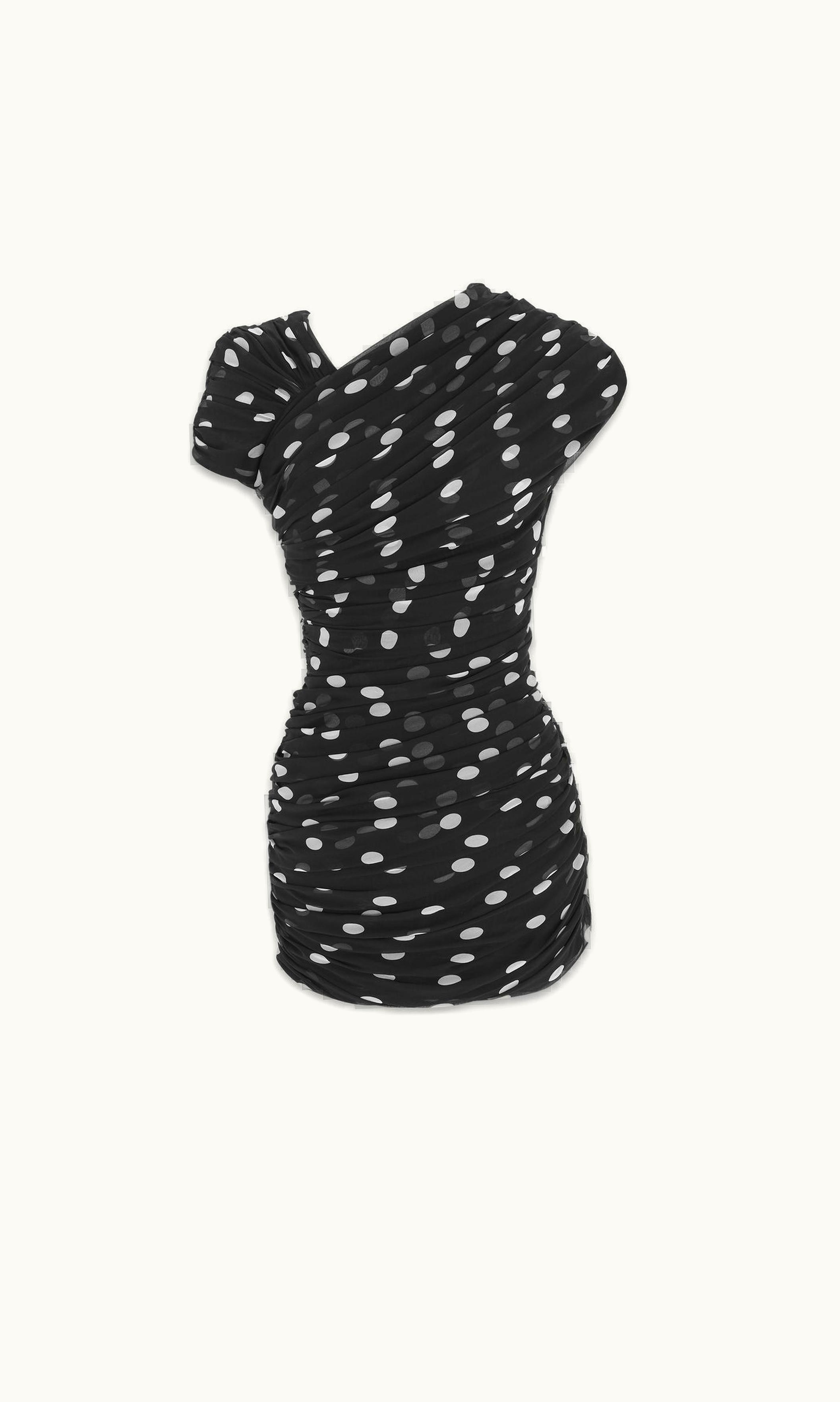 Saint Laurent Saint Laurent Ruched Asymmetrical Dress In Dotted Silk Muslin Noir Craie NOIR CRAIE