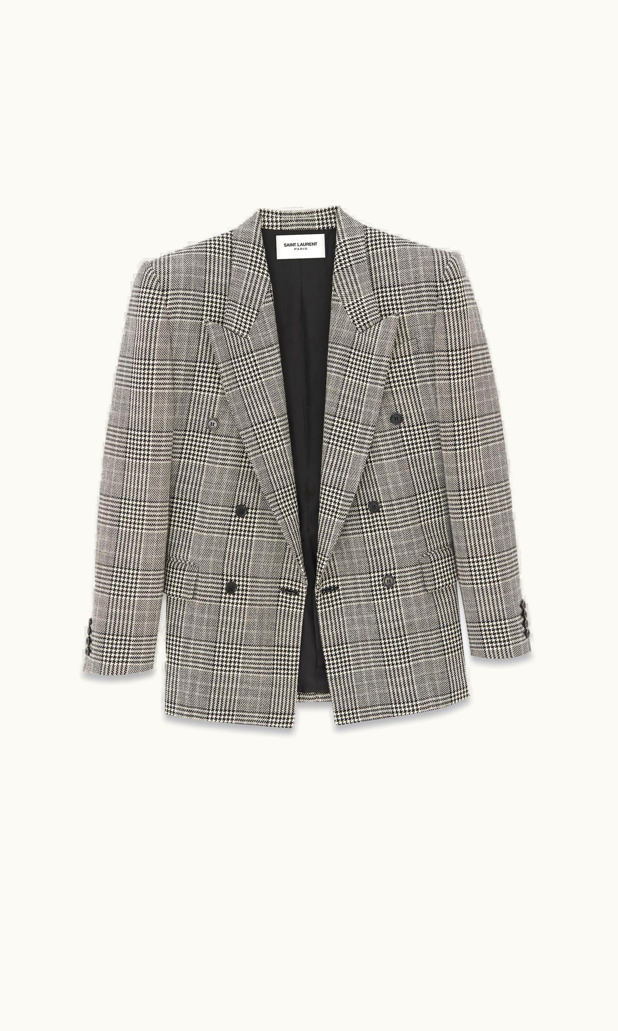 Saint Laurent Saint Laurent Oversized Jacket In Prince Of Wales Wool Craie Noir Gris