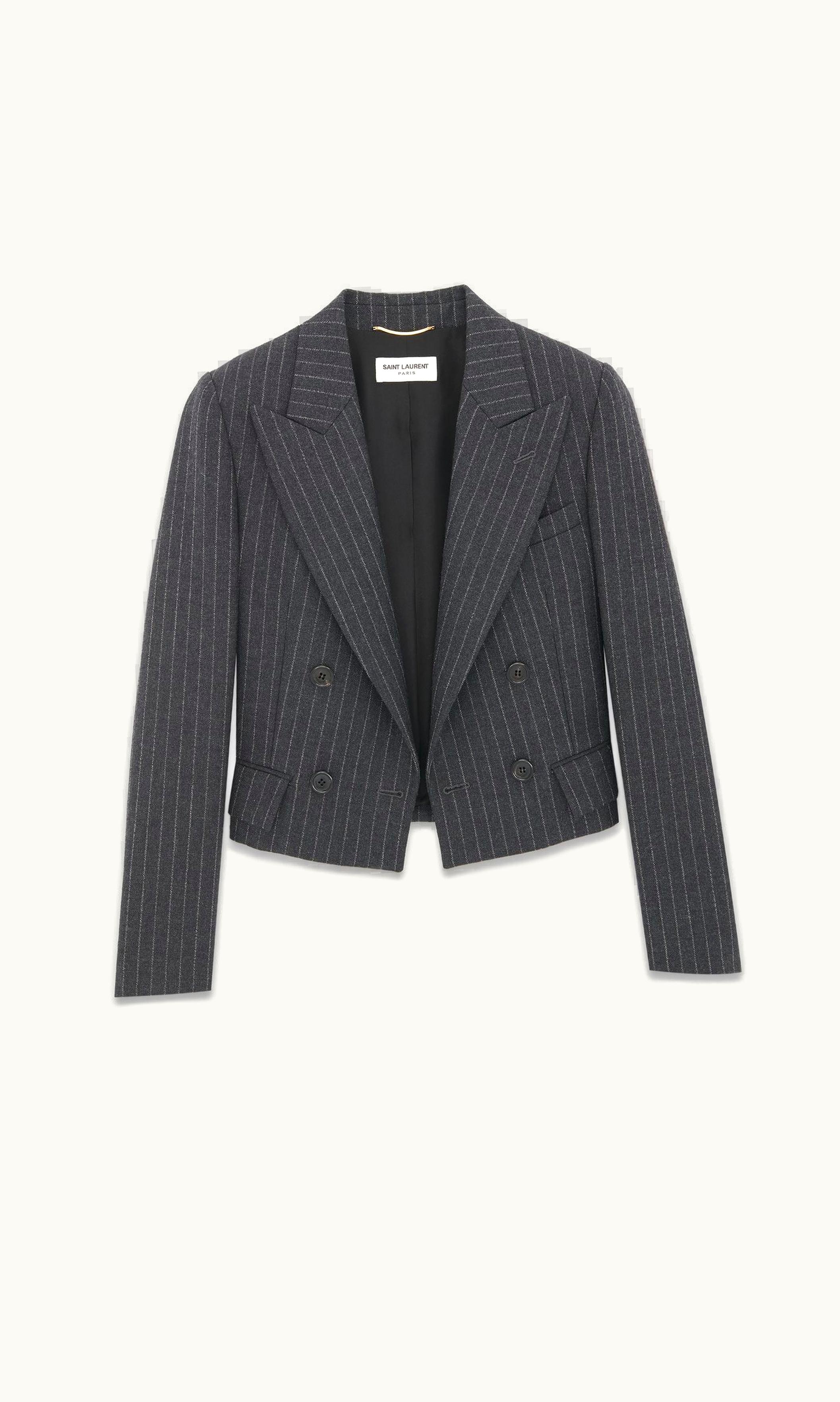 Saint Laurent Saint Laurent Cropped Jacket In Rive Gauche Striped Flannel Gris Blanc