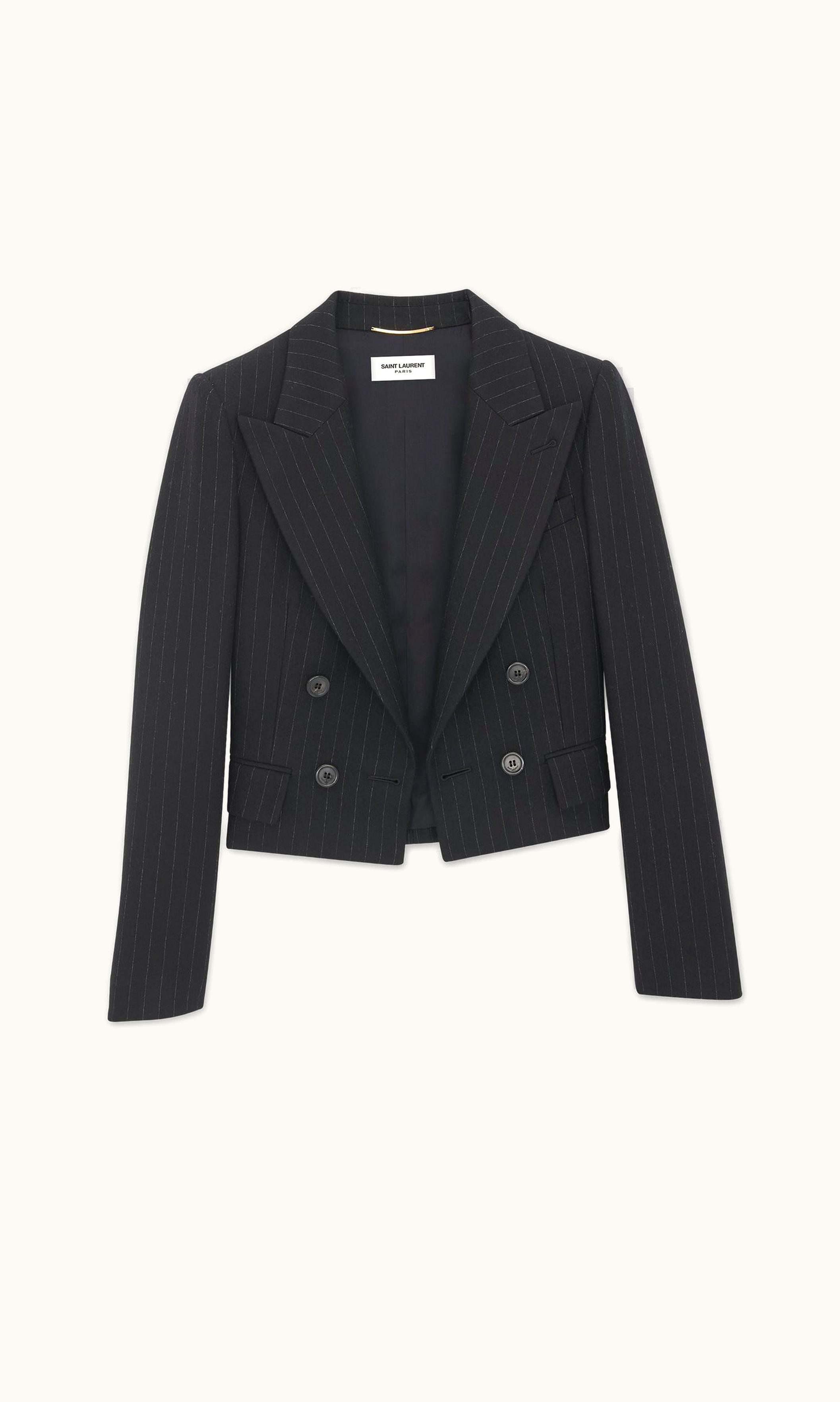 Saint Laurent Saint Laurent Cropped Jacket In Striped Wool Noir Craie