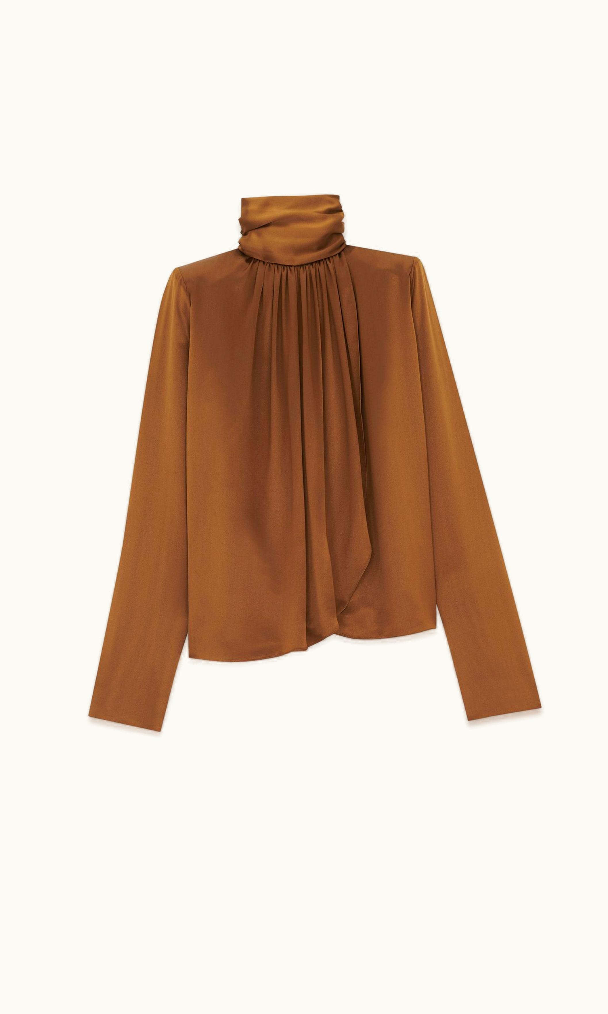 Saint Laurent Saint Laurent Lavallière-Neck Blouse In Silk Satin Crepe Brun Chene