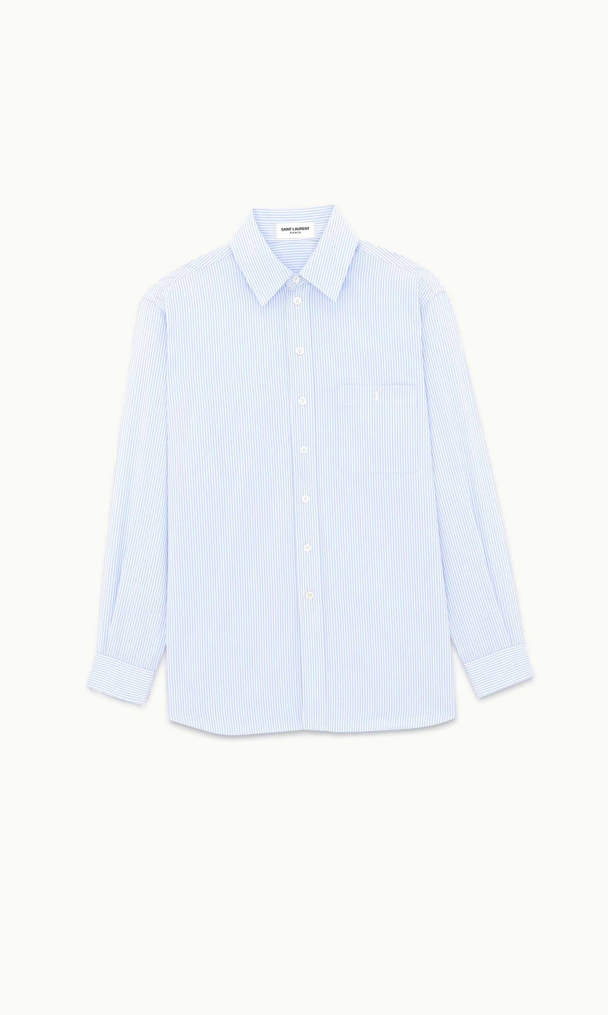 Saint Laurent Saint Laurent Cassandre Shirt In Striped Cotton Poplin Blanc Ciel