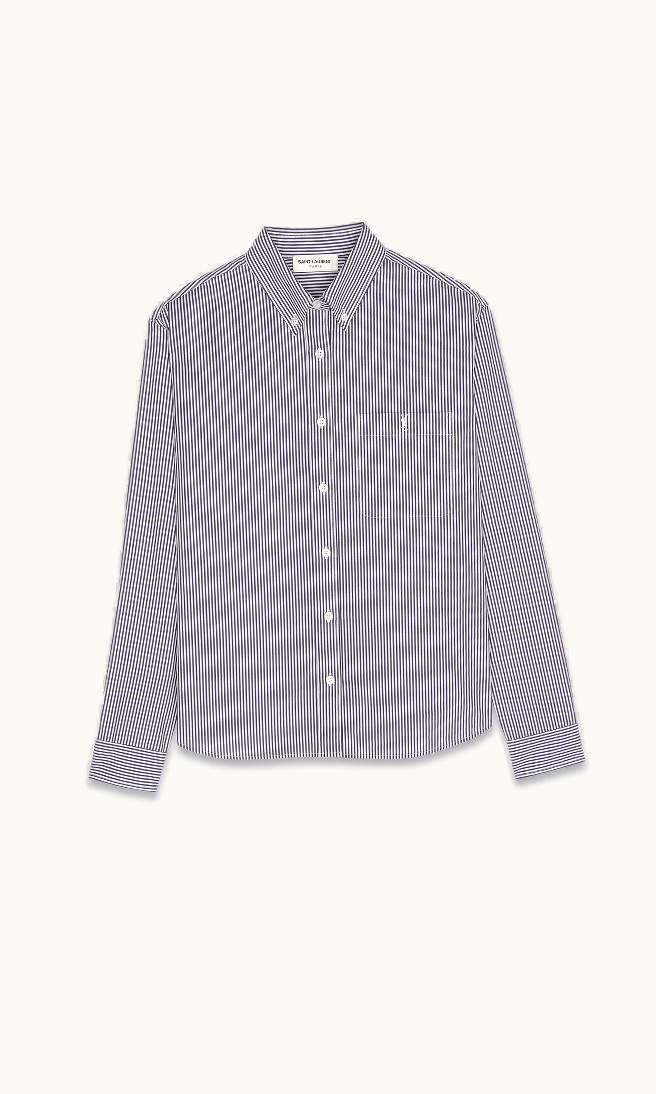 Saint Laurent Saint Laurent Cassandre Shirt In Striped Cotton Poplin Blanc Et Encre