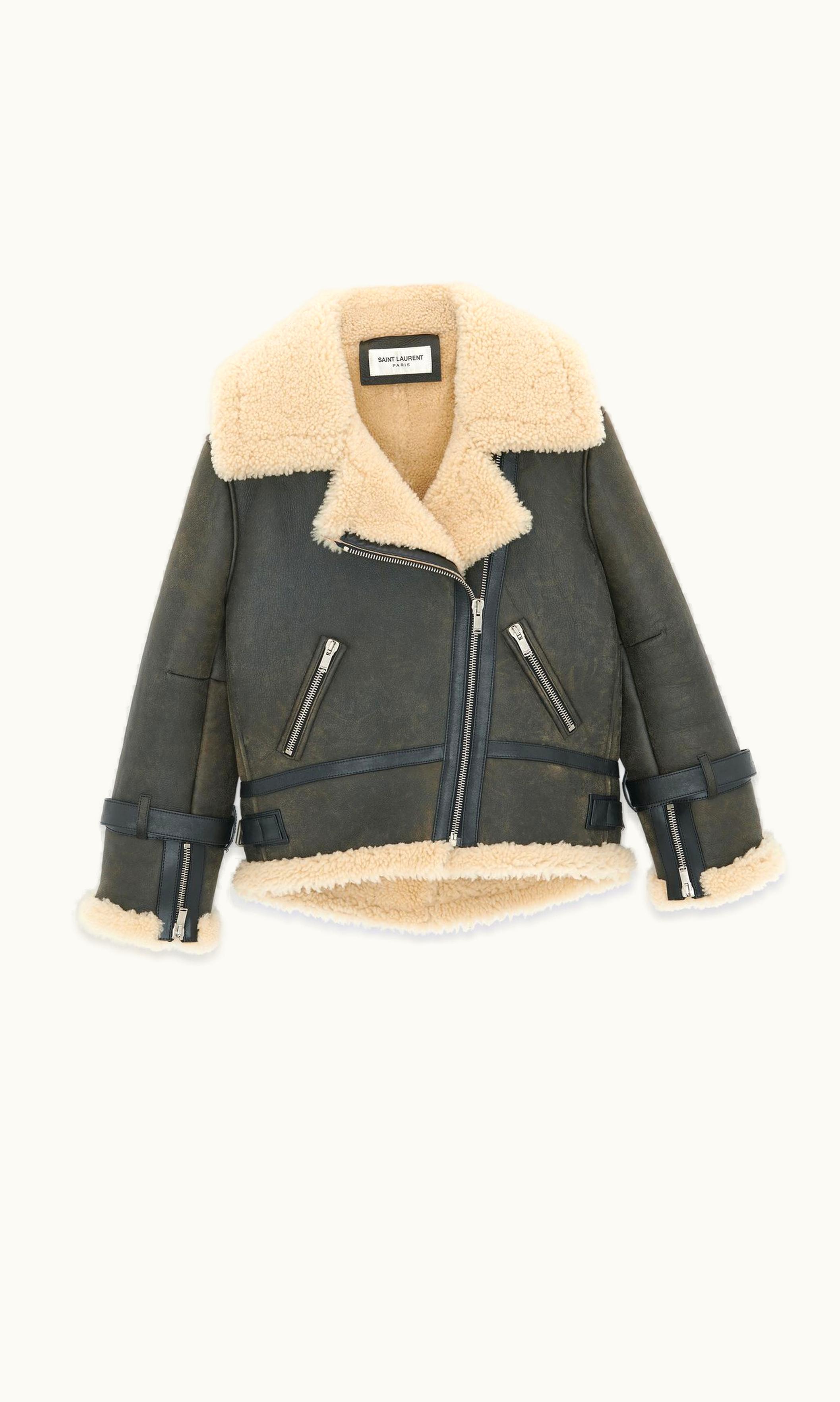Saint Laurent Saint Laurent Aviator Jacket In Aged-Leather And Shearling Noir Et Noix De Cajou