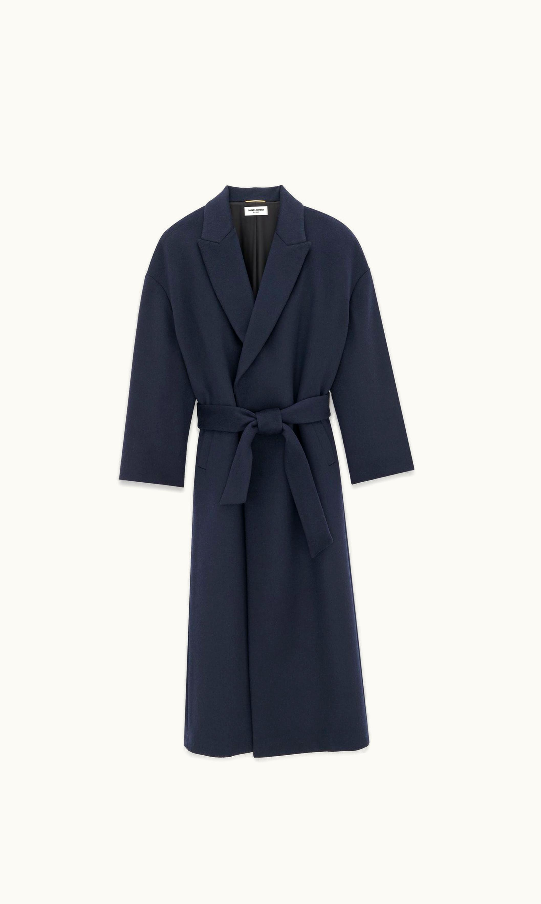 Saint Laurent Saint Laurent Belted Wrap Coat In Cashmere Marine Fonce