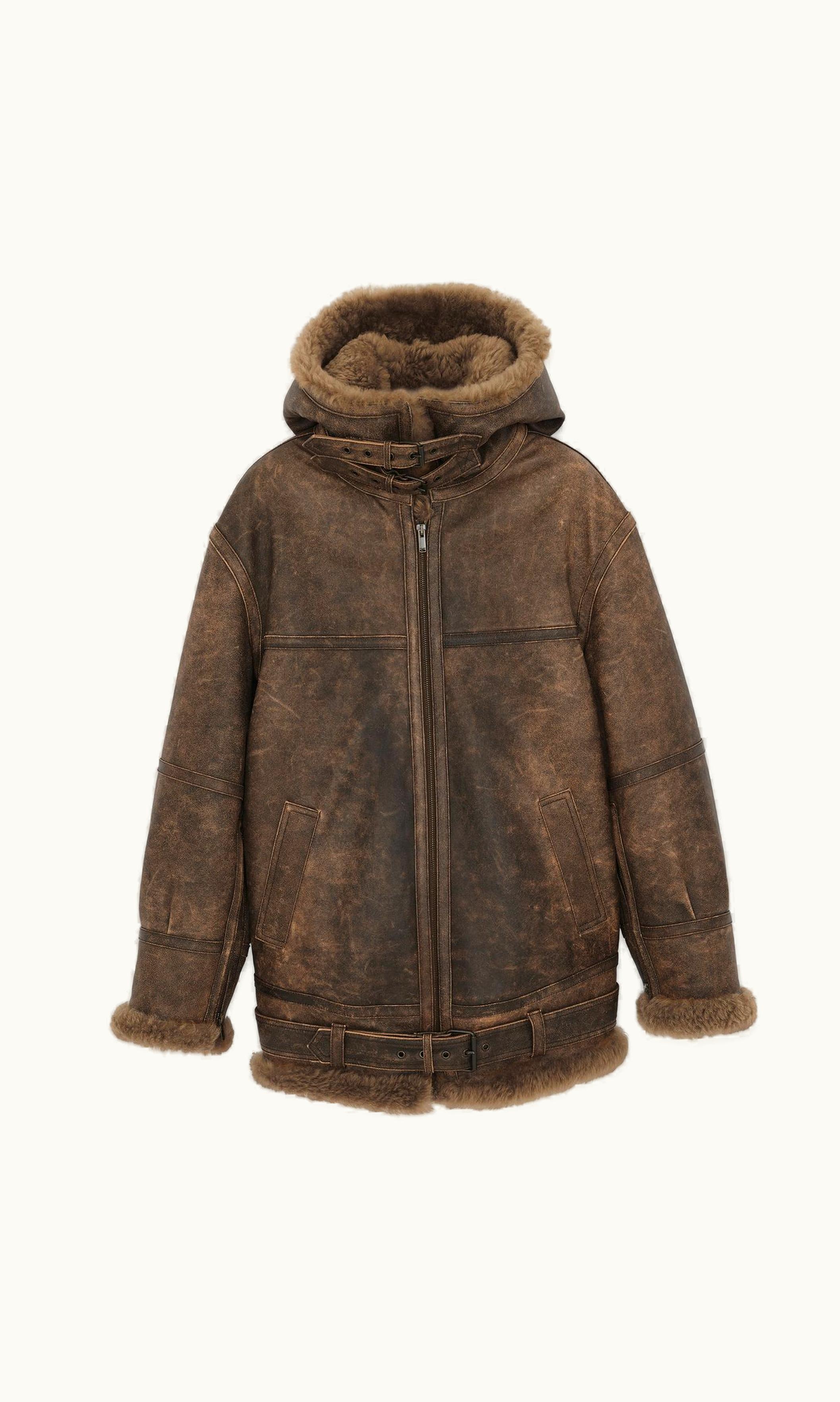 Saint Laurent Saint Laurent Aviator Jacket In Aged Lambskin And Shearling Marron Fonce