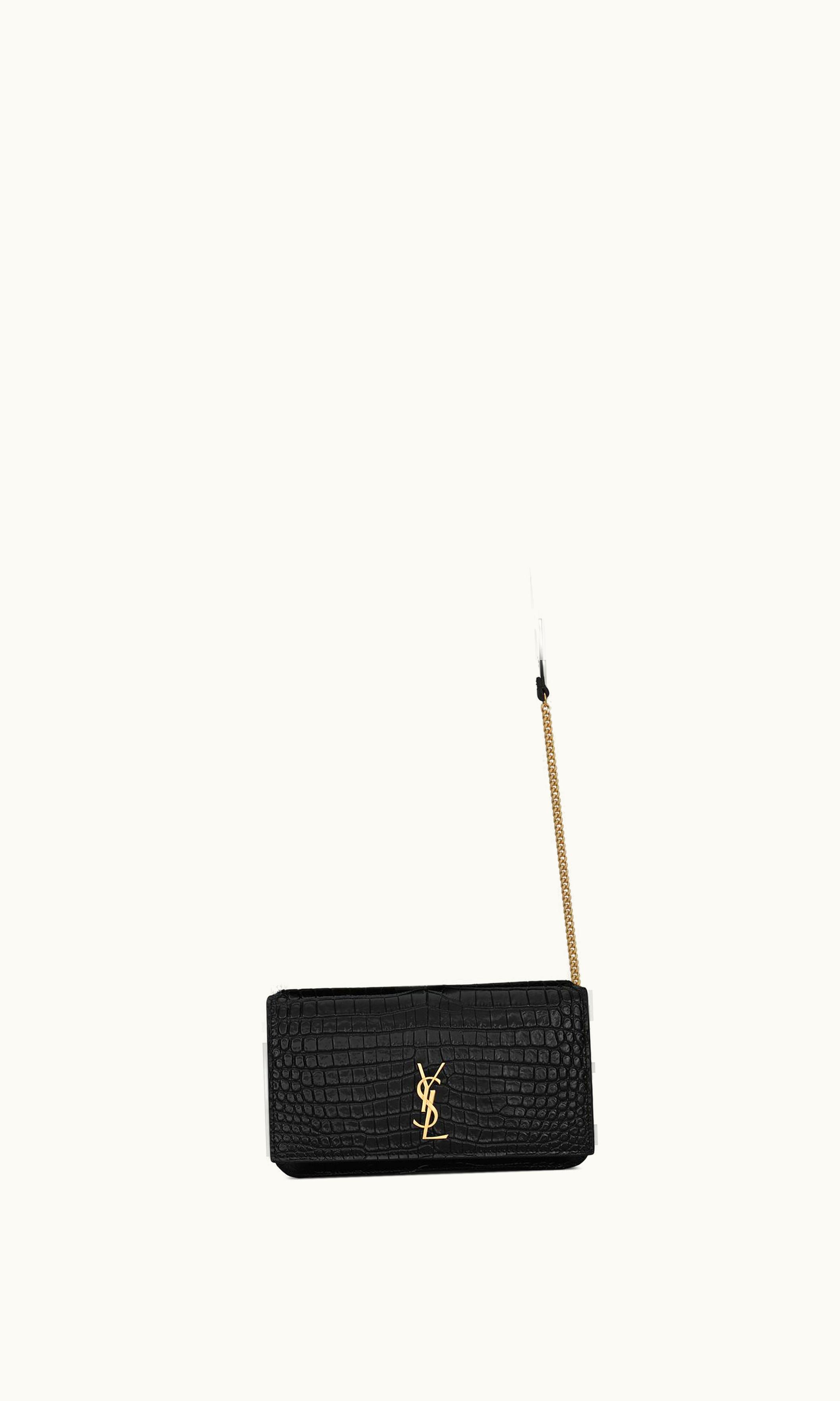Saint Laurent Saint Laurent Cassandre Phone Holder With Strap In Shiny Crocodile-Embossed Leather Black