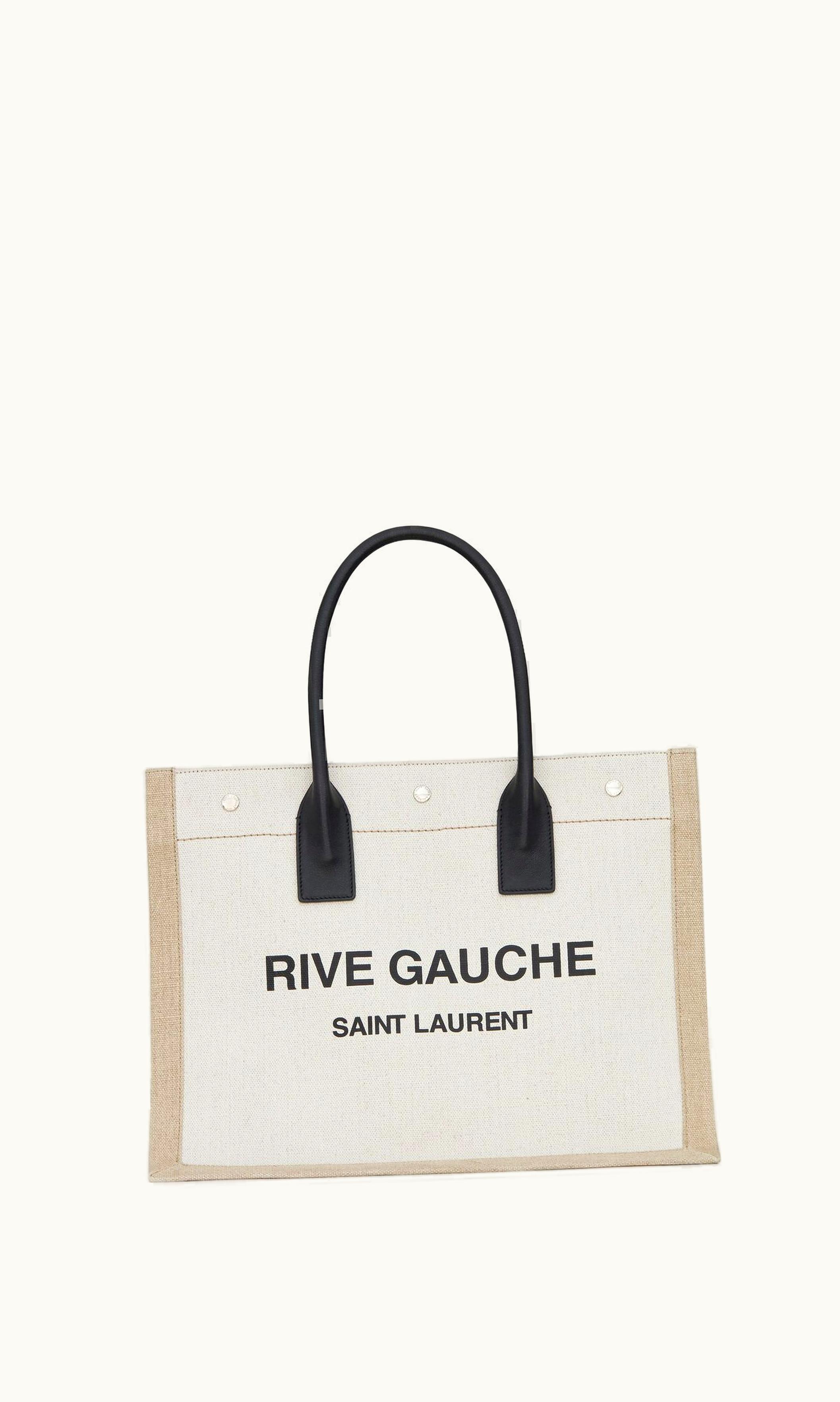 Saint Laurent Saint Laurent Rive Gauche Small Tote Bag In Linen And Leather Greige / Black + Natural + Black